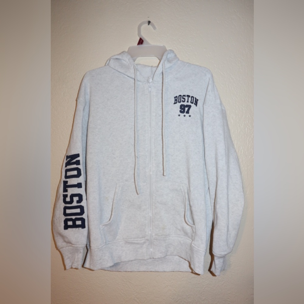 Refuge White Hoodie with Blue Boston Print